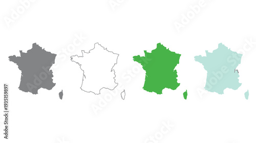 France Map Set with Diverse Styles: Outline, Solid, and Watercolor Textures