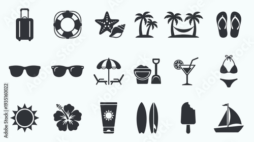 Comprehensive Vector Icon Set for Summer Vacation, Beach Travel, and Tropical Holidays: Essentials, Leisure, and Adventure