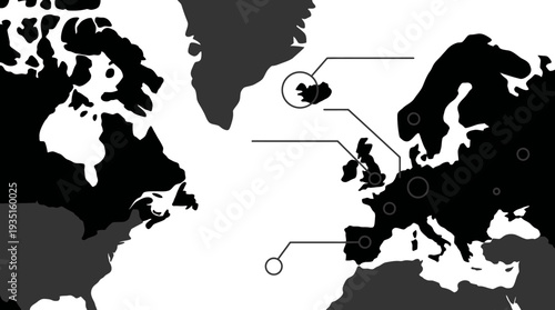 Minimalist World Map with Highlighted Locations in Europe and North America, Illustrating Global Data Points, Network Connections, and International Business