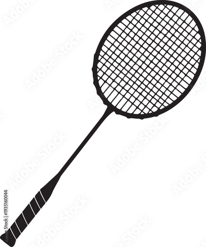 A black and white silhouette of a badminton racket