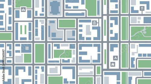 Minimalist Urban City Map Seamless Pattern with Buildings, Parks & Navigation Icons. Stylized Street Network and Location Guide Illustration.