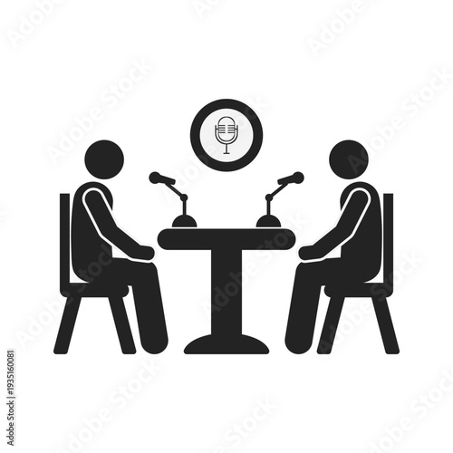 Isolated illustration of two stick figures doing a podcast with microphones on a table and sitting in chairs. Podcast and interview themed image, icon, or template.
