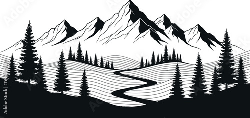 Majestic mountain landscape vector illustration with winding path and evergreen trees