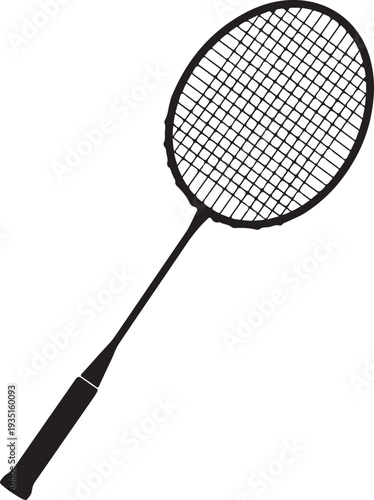A black and white silhouette of a badminton racket