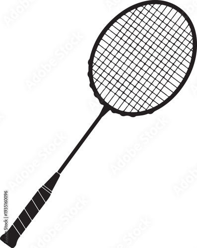 A black and white silhouette of a badminton racket