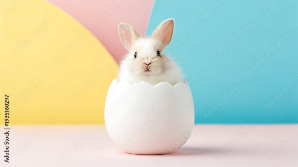 Obraz premium Cute bunny sits in a white egg shell against colorful background with pink and blue shades