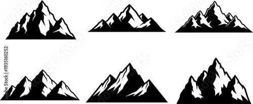 Collection of six distinct black and white mountain peak vector icons.
