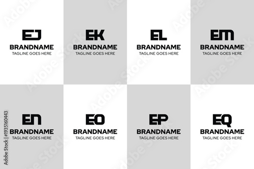 Letters EJ EK EL EM EN EO EP EQ Logo Monogram Set, for JE KE LE ME NE OE PE QE Initials
