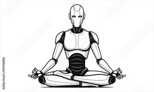 A robot sitting in a meditative yoga pose on a white background in a serene and peaceful environment