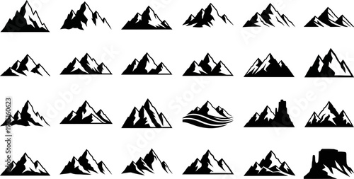 Diverse collection of black mountain icons, peaks, and silhouettes on a white background.