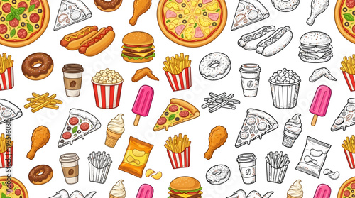Colorful Hand-Drawn Seamless Fast Food & Snack Pattern with Pizza, Burgers, Fries, Donuts, Popcorn, and Ice Cream – Ideal for Unhealthy Eating Themes