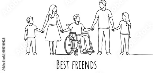 Inclusive Family Holding Hands with Child in Wheelchair Best Friends Line Art Vector Illustration
