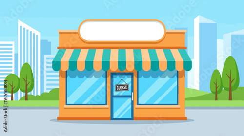 Cartoon Storefront with 'Closed' Sign. Empty Retail Shop Building with Blank Marquee in Urban Cityscape. Business Closure, Economic Crisis, or Temporary Shutdown Concept.