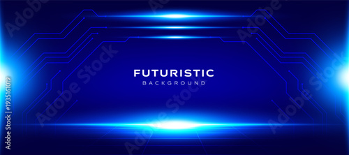 Futuristic technology background with glowing neon circuit lines on dark blue digital backdrop. Modern vector design with cyber light interface and abstract tech innovation concept.