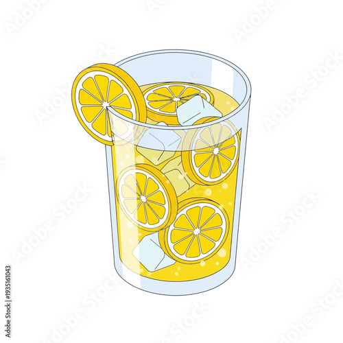 Refreshing glass of lemonade with lemon slices and ice.
