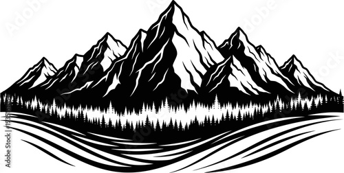 Majestic Mountain Range with Pine Forest and Stylized Water Vector Illustration
