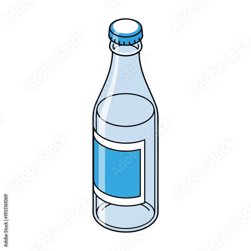 Transparent glass bottle with blue label and cap.