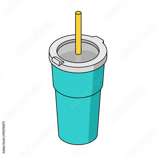 Teal disposable cup with straw and lid on white background.