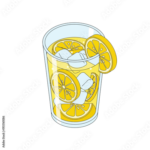 A refreshing glass of lemonade with ice and lemon slices.
