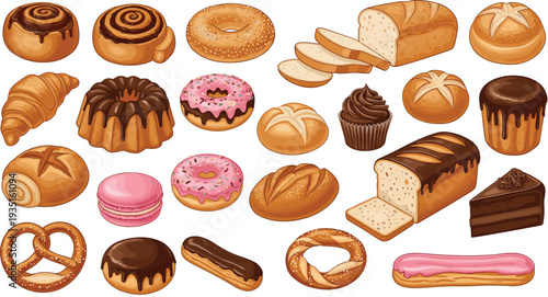 Bakery Pastry Collection with Bread Donuts Croissant Pretzel Cake and Sweet Desserts Isolated Flat Vector Illustration Set