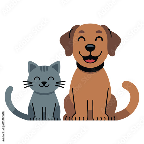 Best friends happy brown dog and cute gray cat sitting together, adorable companionship vector illustration for pet lovers