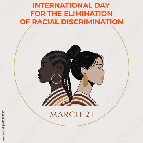 International day for elimination of racial discrimination poster with diverse women profiles representing ethnic equality and human rights