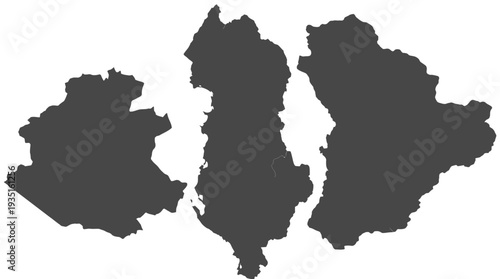 Andalusia (Spain), Albania, and Montenegro Grey Outline Maps with Administrative Divisions