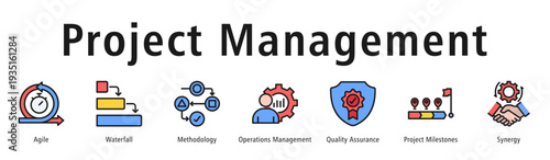 Project management web banner icon vector illustration concept with icon of agile, waterfall, methodology, operations management, quality assurance, project milestones, and synergy.