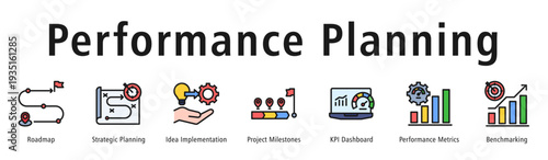 Performance Planning web banner icon vector illustration concept with icon of roadmap, idea implementation, project milestones, KPI dashboard, performance metrics, benchmarking, and planning.