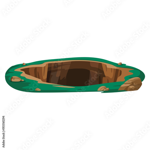 Big hole ground showing soil layers with green grass on top ideal for geology earth science agriculture excavation and environmental themed illustration