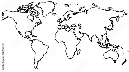 Simple Hand Drawn World Map Outline - Black and White Global Silhouette for Customization and Education