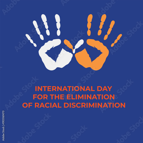 International day for elimination of racial discrimination graphic with white and orange handprints forming heart symbol on blue background