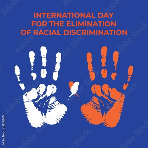 International day for elimination of racial discrimination flyer with artistic white and orange handprints and typography on navy background