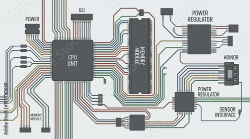 Electronic Circuit Board Diagram with CPU, Memory, and Power Regulators
