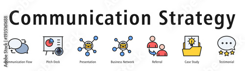 Communication strategy web banner icon vector illustration concept with icon of communication flow, pitch deck, presentation, business network, referral, case study, and testimonial.