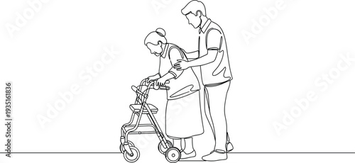 Continuous one line drawing of a male volunteer helping an elderly woman walking with a walker frame for elderly care concept