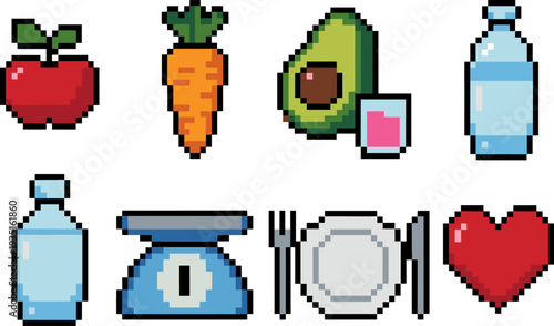 Pixel, art, healthy, food, icons, set, apple, carrot, avocado, juice, water, bottle, kitchen, scale, plate, heart, diet, nutrition, retro, game