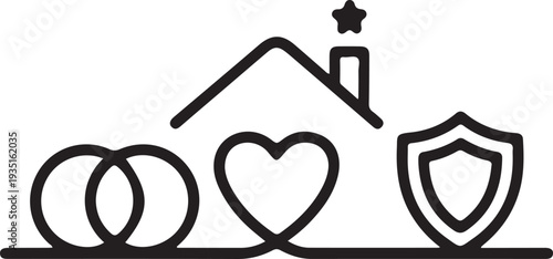line icon set of house with heart shield and wedding rings on white background