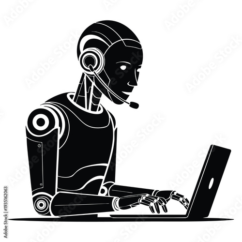 Black silhouette of advanced android worker operating computer for remote digital tasks and assistance concept in artificial intelligence automation and virtual support themes