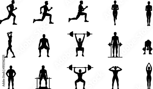 fitness, workout, exercise, running, weightlifting, athlete, gym, training, strength, sport, silhouette, bodybuilding, cardio, endurance, activity, healthy, lifestyle, power, collection, set