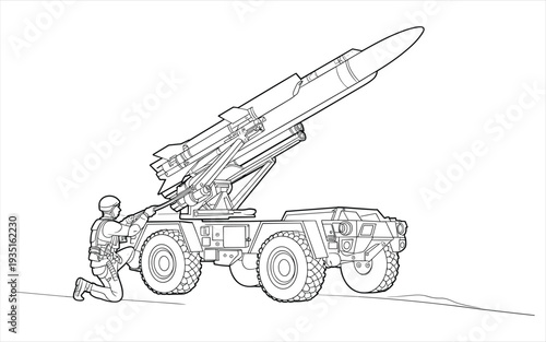 Soldier with Missile Launcher Vehicle Line Art