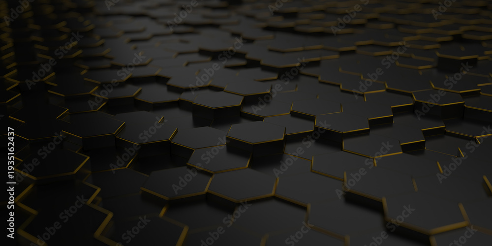 Fototapeta premium Dark hexagonal tile pattern with gold edges for luxury geometric background and modern tech surface design.3d render