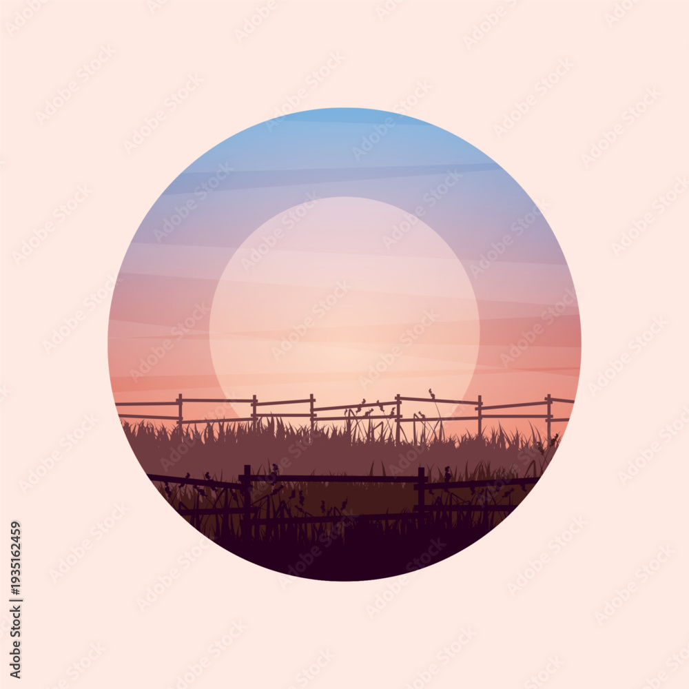 Fototapeta premium Meadow silhouettes with grass and old wooden fence. Countryside, round panoramic summer lawn rural landscape with herbs, weeds. Agriculture and farming. Summer sunset in nature. Vector illustration