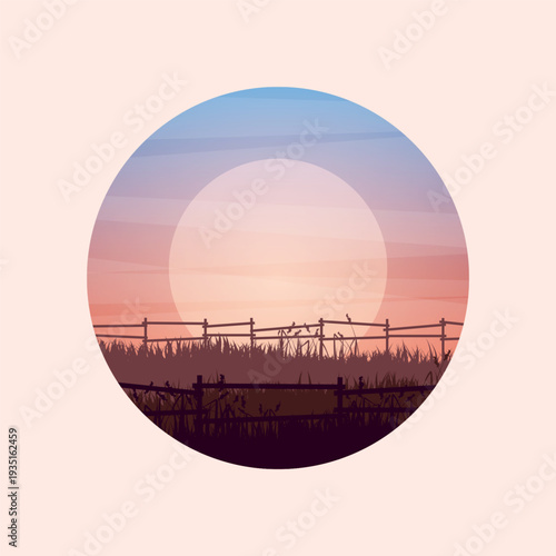 Meadow silhouettes with grass and old wooden fence. Countryside, round panoramic summer lawn rural landscape with herbs, weeds. Agriculture and farming. Summer sunset in nature. Vector illustration