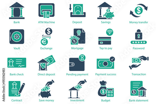 Bank icon set. solid icon style. Containing icon ATM machine, savings, bank statement and more. Bank element vector illustration