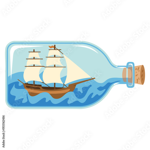 Blue water waves carrying a vintage sailboat with white sails inside a glass bottle, creative ocean journey illustration for nautical and adventure design