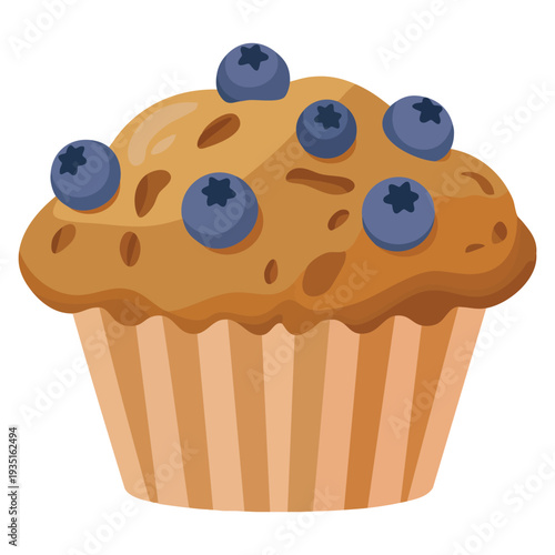 Blueberry muffin delicious dessert isolated on white background, vector style bakery treat ideal for snack packaging, cafe branding and sweet food visuals
