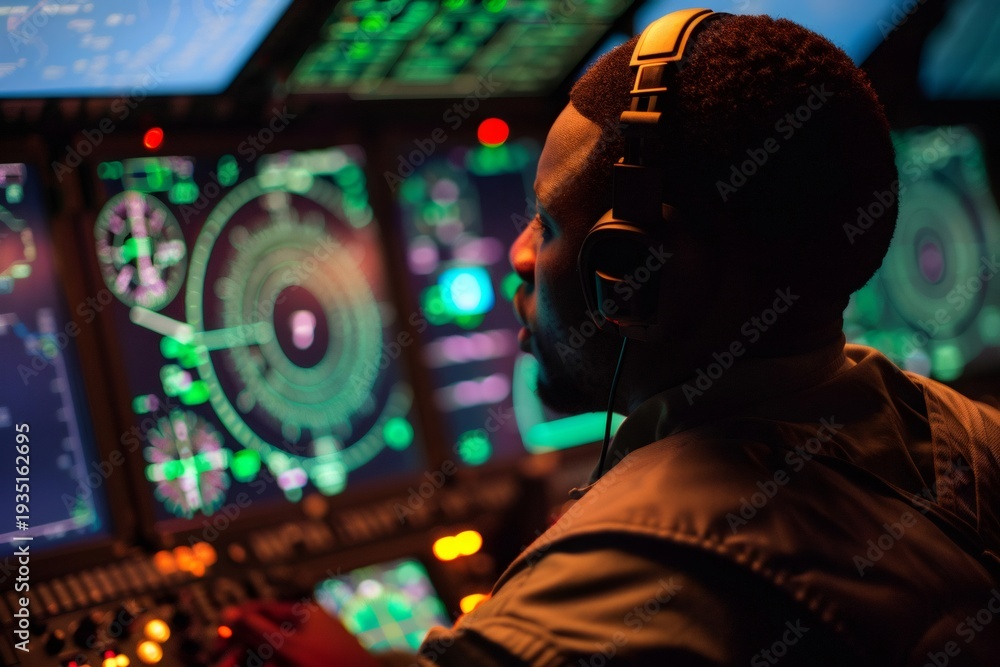 Obraz premium Air traffic controller monitoring radar screens at night