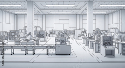 Modern automated factory interior with robotic arms and assembly lines.