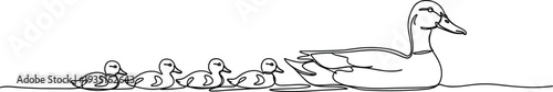Continuous line drawing of a mother duck swimming with her ducklings in a row for family and nature concept